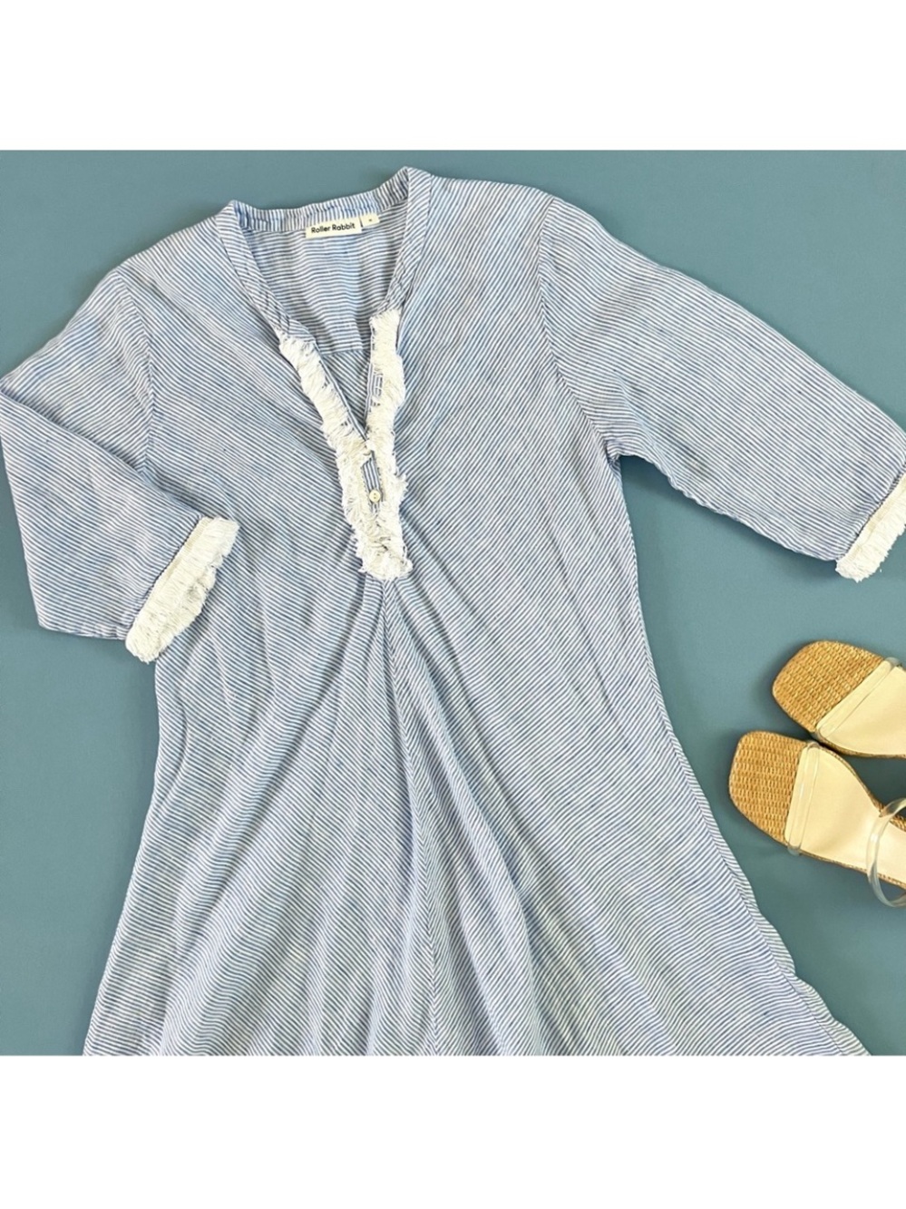ROBERTA ROLLER RABBIT Blue Jeni Stripe 100% Linen Berenice Dress Size M Coastal